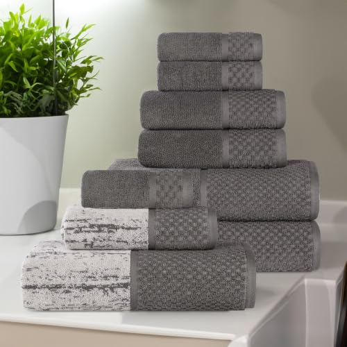 Superior Cotton Bathroom Towel Set Plush Absorbent 9 Piece Charcoal Silver | Soft Quick Dry, Bathroom Essentials, Jacquard & Solid Pattern Assorted Towels, 3 Bath, 3 Hand, 3 Face Towel, Lodie Collection - color: Charcoal-silver, size: 9 Piece Towel Set (J