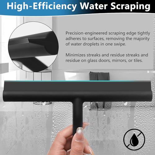 Shower Squeegee for Glass Doors, Full Silicone Jacketed Squeegee with Ergonomic Handle & No-Drill Hook, Cleaning Tool for Windows, Mirrors, Tiles, Bathroom & Car - Black - color: Black, size: without loop
