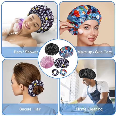 Shower Cap for Women Set of 4, Bath Caps, Double Layers Hair Caps + 2 Satin Hair Scrunchies, Reusable Waterproof Shower Caps, Elastic Hair Cap for Shower - Pattern A - color: Pattern A