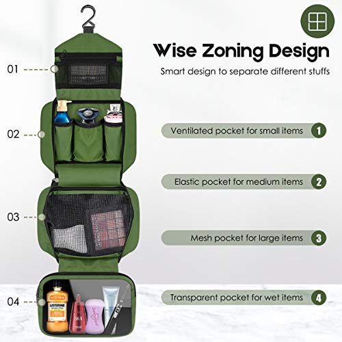 Travel Toiletry Bag for Women, Dopp Kit for Men, Waterproof Makeup Bag Shaving Bag with Hanging Hook, Portable Toiletry Organizer for Traveling and Camping - color: army green