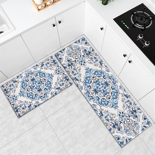 Boho Blue Kitchen Floor Mat Set 2 Piece 17"x47"+17"x30", Vintage Floral Kitchen Runner Farmhouse Blue and White Non Slip Washable Laundry Rug for Doorway Bathroom Decoration - color: Boho Blue