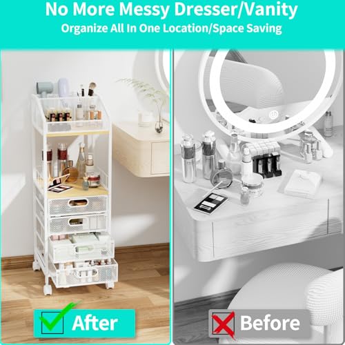 HapiRm Rolling Cart Makeup Organizer - Metal Makeup Cart with Wheels and Drawers for Small Spaces & Messy Vanities, Space-Saving Beauty Cosmetics Cart Storage Cabinet Stand for Perfume Hair Tools - color: Natural