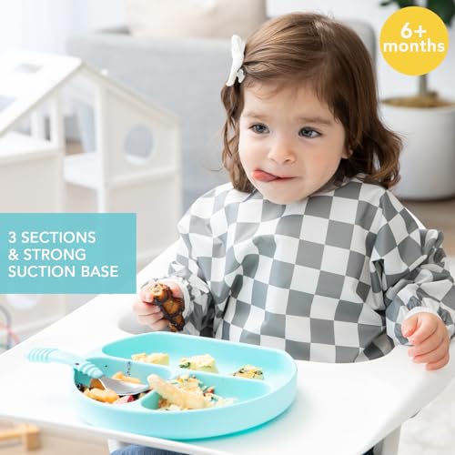 Bumkins Silicone Grip Dish, Suction Plate, Divided Plate, Baby Toddler Plate, BPA Free, Microwave Dishwasher Safe , Blue-GD, 1 Count - color: C6 Blue-GD