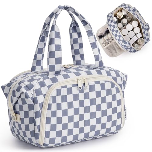 Narwey Travel Toiletry Bag for Women Checkered Large Capacity Makeup Bag Wide Open Cosmetic Make Up Organizer with Wet Pocket for Towel Travel Bag for Toiletries Essentials (Greyish Blue Checkerboard) - color: Greyish Blue Checkerboard
