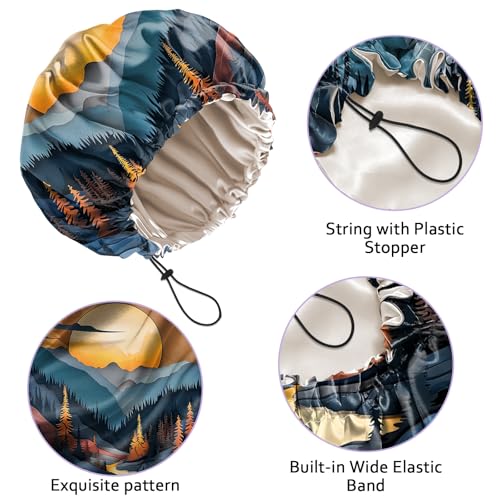 Luxury Shower Cap Silk Satin Lined Waterproof Reusable Adjustable Elastic Dry Hair Bathing Caps Cute for Women Girls-Sunset - color: C-12-Sunset