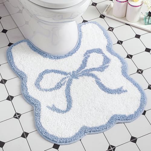 HunnmingRe Blue Bow Bathroom Rug Bow Toilet Rugs 24 x 20 Inches U Shaped Luxury Scalloped Bathroom Decor Non Slip Cute Microfiber Soft Plush Bath Mat Coquette Stuff for Toilet Back to School Shower - color: Blue, size: 24 x 20 Inches