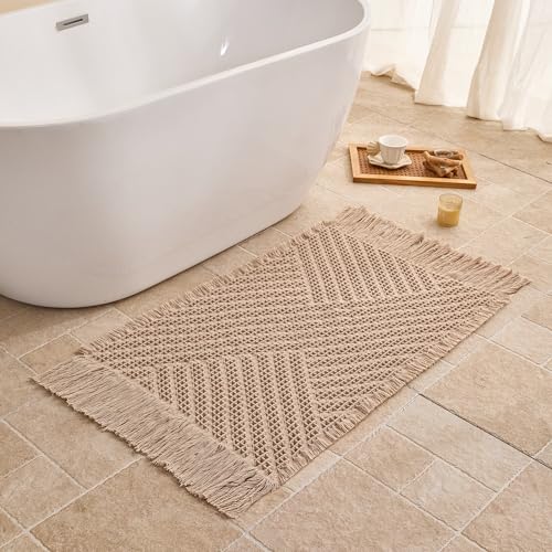 Waffle Bath Mat Non Slip, Boho Bathroom Rug, Super Absorbent Quick Dry Bathroom Mat, Soft Farmhouse Bath Rug with Tassels, Small Washable Shower Mats for Floor 20"x32", Tassels Brown - color: Tassels Brown, size: 1'8" x 2'8" (Rectangular)