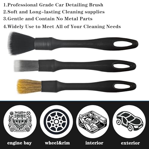 Detailing Brush Set, 3Pack Car Detailing Brushes for Dashboard Engine Bay Air Vents Leather Seat Wheel Vehicle Motorcycle Boars Hair Interior Detail Brush with Conversion Elbow, Black - color: Black