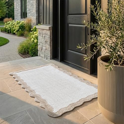 Cotton Scalloped Bathmat with Antiskid 20"x32" Beige – 100% Cotton Scalloped Bath Mat, Anti Skid, Soft & Absorbent Bathroom Rug for Shower, Tub & Entryway - color: Beige, size: 1'8" x 2'8" (Rectangular)