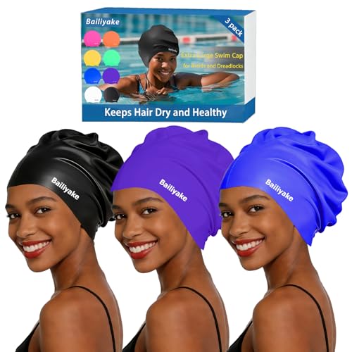 3 Pack Extra Large Swim Cap for Braids & Dreadlocks - Waterproof Silicone Swim Hat for Women with Long Thick Hair, Protective Swim Cap Cover Ears for Swimming, Shower, Bathing - color: Black+Blue+Purple
