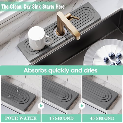 15.7'' Long Stone Faucet Mat for Kitchen Sink-Diatomite Quick Dry Kitchen Sink Splash Guard,Super Absorbent,Drying Stone Sink Tray,Sink Stone Quick Dry Around Faucet For Bathroom Counter (Dark Gray) - color: Dark Gray, size: 15.7" x 3.9"