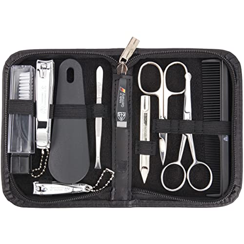 3 Swords Germany – brand quality 10 piece manicure pedicure grooming kit set for nail care tweezers file clipper, Made by 3 Swords (BLACK - GENUINE LEATHER) - color: BLACK - GENUINE LEATHER