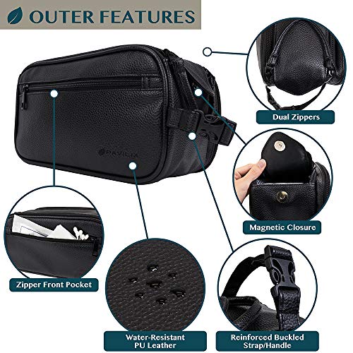 PAVILIA Toiletry Bag for Men, Travel Essentials Shaving Dopp Kit, Mens Travel Bag Toiletries Organizer Case for Grooming, PU Leather Water Resistant Cosmetic Bag Pouch (Black) - color: Black, size: Large (10.5x5.5x6)