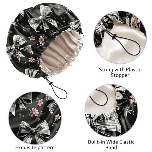 Luxury Shower Cap Silk Satin Lined Waterproof Reusable Adjustable Elastic Dry Hair Bathing Caps Cute for Women Girls-Grey Bowknot - color: C--7-Grey