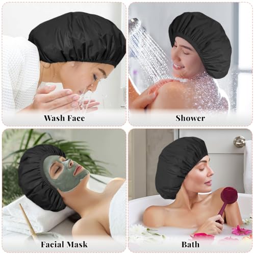 3 Pack Reusable Shower Cap for Women, Waterproof Hair Cap for Shower and Bath, Large Bath Cap for Long Thick Hair - color: A02-Black