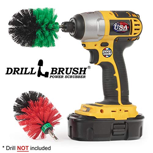 Cleaning Supplies - Drill Brush - Medium and Stiff Bristle MINI Spin Brush Kit - Kitchen Accessories - Clean and Scrub Counters, Stove, Oven, Sink, Flooring - Deck Brush - Algae, Mold, Mildew, Moss - color: Green / Red