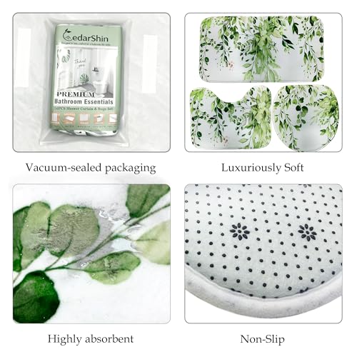 16 Pcs Sage Green Eucalyptus Shower Curtain Set with Rugs, Botanical Leaf Bath Curtains and Quick Absorbent Foam Mats, 120GSM Heavy-Weight Fabric Curtain with 12 Metal Hooks, 72x72 Inch - color: Green