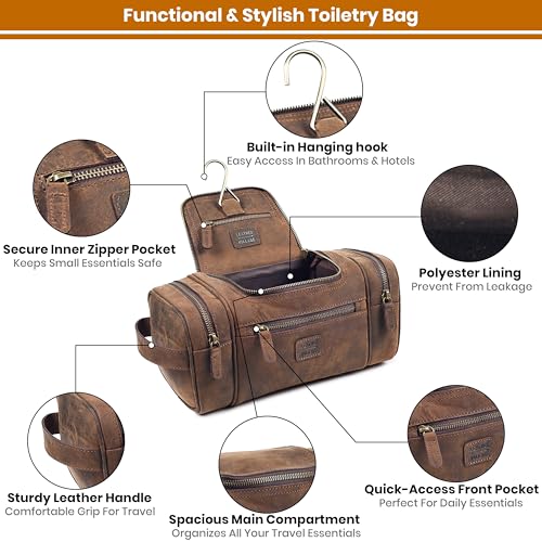 LEATHER VILLAGE Genuine Leather Travel Dopp Kit for Men & Women – Water-Resistant Large-Capacity Hanging Toiletry Bag for Travel, Grooming, Bathroom Organization, Shaving Essentials & Gym Use - Brown - color: Brown