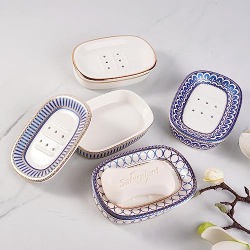 Self Draining Soap Dish, Double-Layer Bar Soap Tray, White Ceramic Soap Dish with Elegant Patterns (Style C) - color: Style C