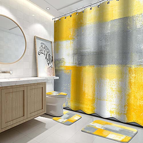 Lnond 4Pcs Yllow Bathroom Shower Curtain Sets with Rugs, Yellow Grey Abstract Painting Bathroom Sets with Shower Curtain and Rugs and Accessories - color: Yellow-01
