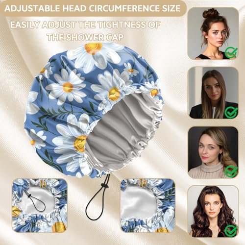 Shower Cap Adjustable Waterproof Double Layer Elastic Reusable Hair Bath Cap Cute Aesthetic for Women Girls-Chrysanthemum - color: R4-Chrysanthemum