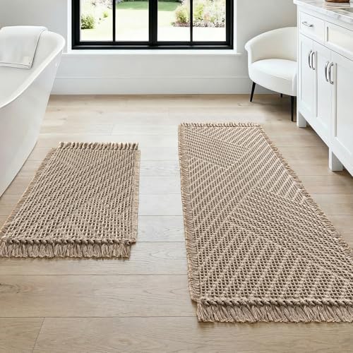 H.VERSAILTEX Waffle Bath Mat Super Absorbent Boho Bath Mat Non Slip Bath Rugs for Bathroom Floor Machine Washable Dry Fast Bathroom Rugs with Tassels (47 x 17 Plus 17 x 24 Inches, Irish Cream) - color: Irish Cream, size: 47" x 17" Plus 17" x 24"