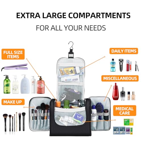 Buruis Extra Large Toiletry Bag for Women and Men, Hanging Travel Bag with Detachable Shoulder Strap for Full-Sized Toiletries, Water-Resistant Dopp Kit for Family Use and Long Trips, Black - color: Black, size: Extra Large