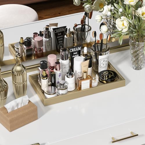 ZHWS Gold Bathroom Vanity Tray for Countertop Perfume Makeup Jewelry Candle Decor, Kitchen Tray for Soap Dispenser Spice Salt, Large Gold Tray for Toilet Tank Paper, Serving Nightstand 13”x6.5” - color: Gold, size: 13" x 6.5" x 1.1"