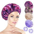 Shower Cap for Women Set of 4, Bath Caps, Double Layers Hair Caps + 2 Satin Hair Scrunchies, Reusable Waterproof Shower Caps, Elastic Hair Cap for Shower - Pattern C - color: Pattern C