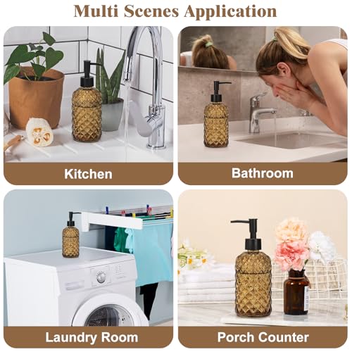 1 Pack 13.5oz Glass Soap Dispenser with Plastic Pump, Diamond Design Refillable Hand Soap Dispenser for Hand Wash, Bathroom and Kitchen (Amber) - color: Amber
