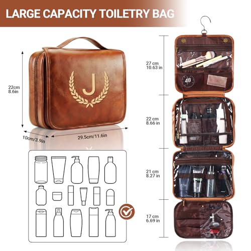 OXYEFEI Personalized Hanging Travel Toiletry Bag Gift for Men,Engraved Initial PU Leather Mens Large Toiletry Travel Essential Organizer Dopp Kit Shaving Bag for Him Birthday (D, Light Brown) - style: D