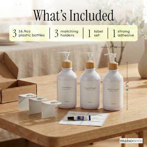 Shampoo and Conditioner Dispenser Wall Mounted Set of 3 White Bamboo - No Drill Shower Soap Dispenser for Bathroom Refillable - Spa Hotel Style Accessories by MaisoNovo - color: White Bamboo Set of 3
