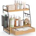 2-Tier Bathroom Counter Organizer with Drawer and Removable Basket, Wood Vanity Countertop Storage for Perfume, Makeup, Skincare, Bathroom Counter Shelf, 13" x 7.9" x 14.5", Light Brown - color: Light Brown