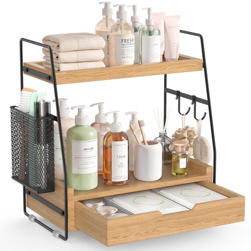 2-Tier Bathroom Counter Organizer with Drawer and Removable Basket, Wood Vanity Countertop Storage for Perfume, Makeup, Skincare, Bathroom Counter Shelf, 13" x 7.9" x 14.5", Light Brown - color: Light Brown