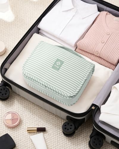 Narwey Small Hanging Toiletry Bag for Travel Women Girl, Striped Toiletries Travel Bag with Hook, Hanging Makeup Bag Organizer Make Up Cosmetic Bags, Gifts for Kids Teen (Mint Green Stripe) - color: Y-Mint Green Stripe