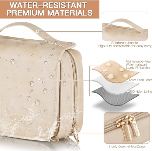 Elviros Hanging Travel Toiletry Bag for Women Vegan Leather (Beige) | 3-in-1 Waterproof Makeup Bag with Compartments for Skincare, Toiletries, Accessories, and Travel Essentials - color: Beige, size: 1 Pack