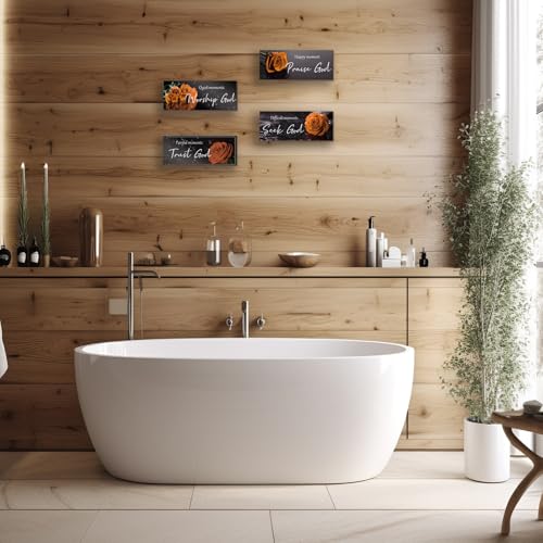 ONIZHITY 4Pcs Orange Bathroom Decor Orange Wall Decor Religious Bible Verse Orange Rose Wall Decor Rustic Wooden Christian Sign for Home Bathroom Office Bedroom Living Room Kitchen(orange 10x4) - color: Orange Rose