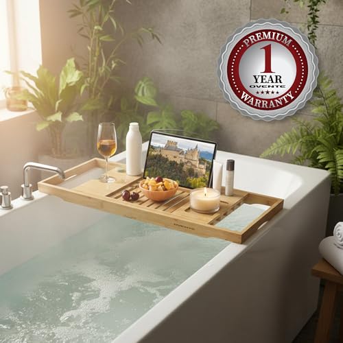 OVENTE Bathtub Tray Caddy, Expandable Bamboo Bath Tray Table, Wooden Tub Board with Books, Tablets, Phone and Wine Glass Holder, Bathroom Accessories and Home Spa Essentials, Wood BTC20228