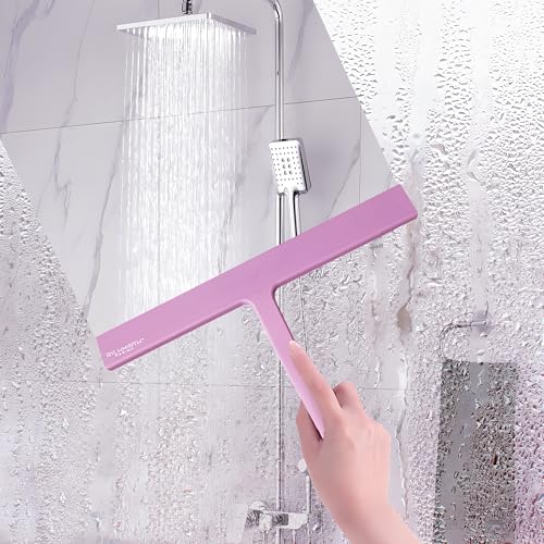 Shower Squeegee with Silicone Hook, 11" Inch Width All Purpose Squeegee Wiper for Shower Glass Doors Bathroom Mirror Tiles Car Window Cleaner Tool - Pink - color: Pink, size: 11 Inches