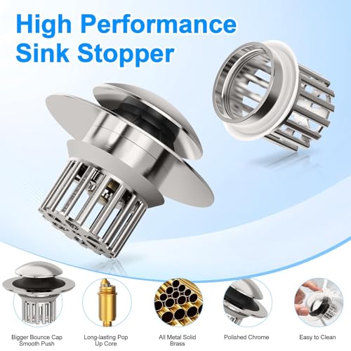 Universal 3 in 1 Bathroom Sink Drain Strainer,Pop Up Bathroom Sink Stopper with Removable Filter Basket,Sink Hair Catcher,Bathroom Drain Stopper Sink Plug for 1.1"-1.65" Basin Drain Holes - color: Brushed Nickel