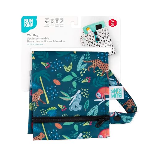 Bumkins Waterproof Wet Bag for Baby, Travel, Swim Suit, Cloth Diapers, Pump Parts, Pool, Beach, Gym Clothes, Toiletry, Hook to Stroller, Daycare, Zipper Reusable Wetdry Packing Pouch, Jungle - color: I1 Jungle, style: Wet Bag