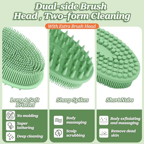 Silicone Face & Back Scrubber Set, Manual Face & Body Scrubber Exfoliator with Soft Bristles and Non-Slip Handle, Back Brush Bath Brush with 2 Detachable Brush Heads(3PCS Green Set) - color: 3*green Set