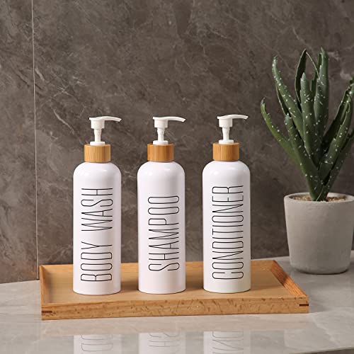 HOMCDALY Shampoo and Conditioner Dispenser, 16oz 3-Pack Refillable Shampoo and Conditioner Bottles, Empty Shampoo Bottles Refillable with Bamboo Pump, Bathroom Shower Shampoo Dispenser Set - color: White&bamboo Pump