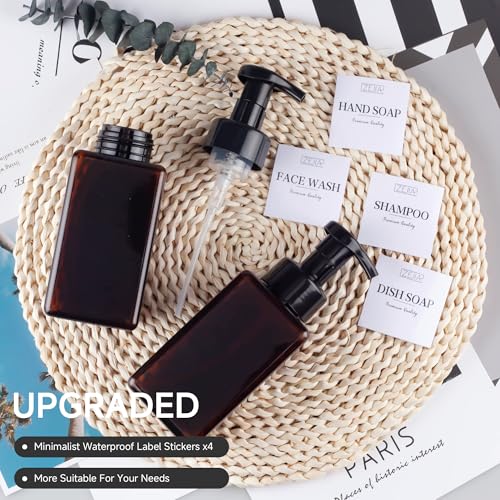 15OZ Foaming Soap Dispenser, 2-Pack Plastic Hand Soap Dispenser, Refillable Leakproof Foam Pump Bottle with Waterproof Labels, for Shampoo, Body Wash - color: Brown, size: 450ML