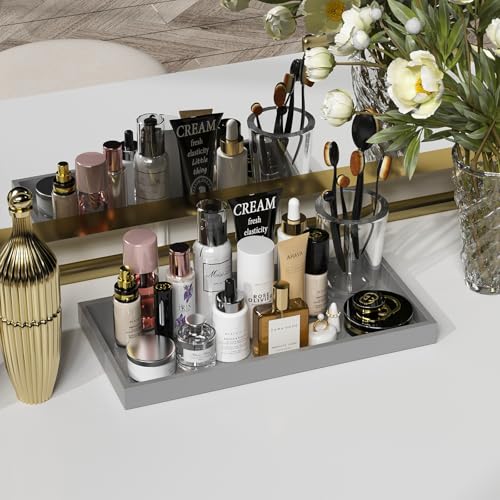 ZHWS Bathroom Vanity Tray for Countertop Perfume Makeup Jewelry Candle Decor, Kitchen Tray for Soap Dispenser Spice Salt, Large Tray for Toilet Tank Paper, Serving Nightstand Silver 13”x6.5” - color: Silver, size: 13" x 6.5" x 1.1"