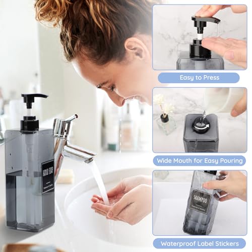 Segbeauty 33.8oz Empty Plastic Soap Dispenser with Labels, 3pcs Large Pump Bottles for Shampoo and Conditioner, 1000ml Gray Refillable Soap Dispenser Bathroom, Sqaure Lotion Pump Bottle Container - color: Gray, style: 3pcs
