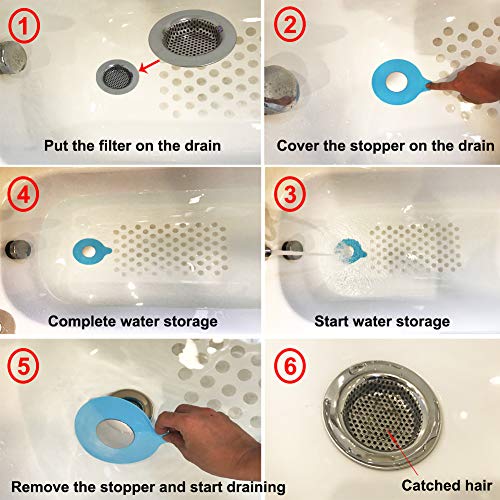 Seatery 2PCS Bathtub Stopper Hair Catcher Kit, Bathtub Drain Strainer, Tub Stopper Plug Cover, Sink Filter, Silicone Drain Stopper for Bathroom, Laundry (Blue) - color: Blue