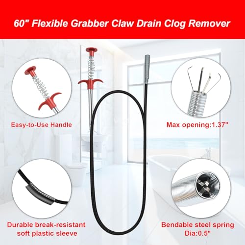 JOYFUL&HOPEFUL Drain Clog Remover Tool, 60" Stainless Steel Drain Unblocker,40" Snake Remover, 60" Pipe Cleaner Brush,24" Drain Cleaning Snake,5PCS, For Toilet, Kitchen Sink, Bathroom Tub, Sewer