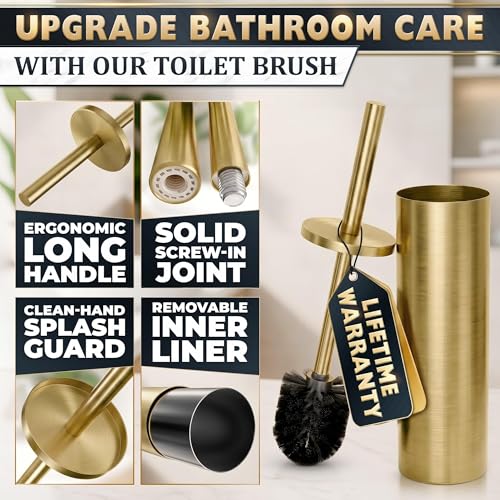 2 PCS Gold Toilet Brush and Holder Set - Brushed Stainless Steel Gold Toilet Bowl Brush and Holder with Replacable Head, Removable Inner Bowl, and Splash Protection - Dense Bristles for Cleaning - color: Gold 2 Pcs
