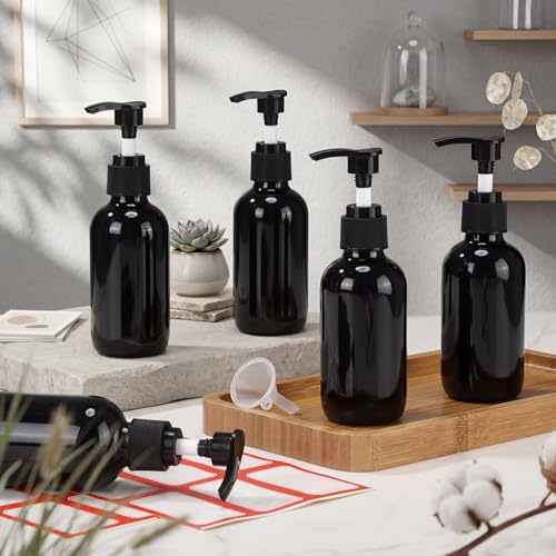 Tanlade 24 Pcs Glass Pump Bottle Dispenser 4 oz Travel Bottles with Pump Refillable Glass Containers for Toiletries Lotion Liquid Soap Shampoo Essential Oils Cosmetic Travel Accessories(Black) - color: Black